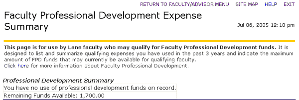 faculty proffesional development expense summary