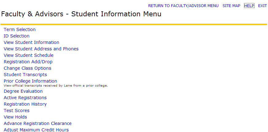 student info menu